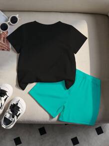Conjunto de 2 piezas para bebés/niños pequeños con camiseta de manga corta de cuello redondo con estampa de letras HN en negro y pantalones cortos azules