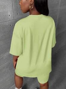 Slaydiva Women Solid Color Round Neck Short Sleeve Top And Shorts Casual Set