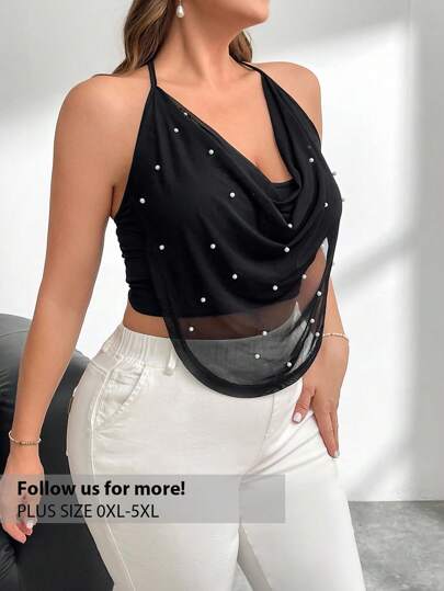 Firerie Top de tiras finas suelto y fluido con cuentas y perlas en malla sin espalda para mujer de talla grande, elegante y casual para vacaciones, festivales de música y fiestas