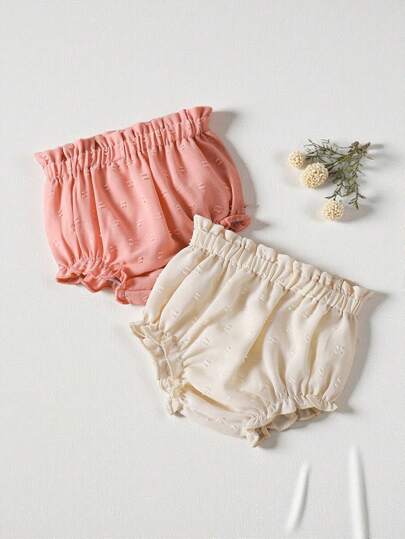 SHEIN Vintaside Kids 2pcs/Set Baby Girl Cute Sweet Ruffle Trim Shorts, Summer