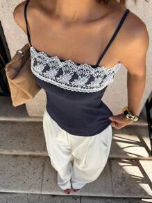Siren Gaze 2025 Women's New Design Lace Trim Camisole Tank, Minimalist Sexy Short Tube Top Lace Trim Tops Neckline Lace Trim Tops Cotton Tops Women's Spaghetti Strap Square Neck Tops 100%Cotton Crochet Top Women Lace Top Summer Casual Blue - Navy Blue - View 9