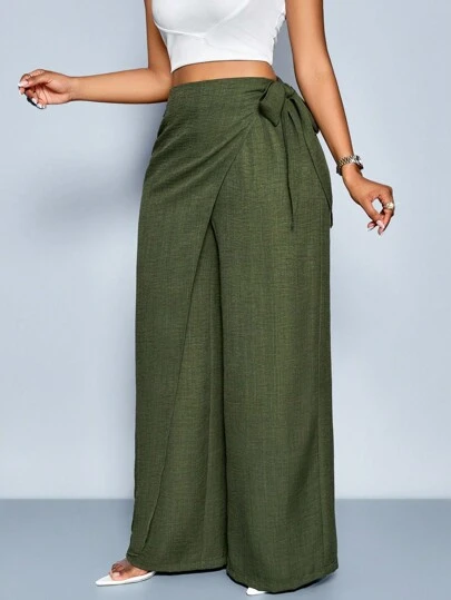 SOLERSUN Pantalon large à taille haute ceinturé style lin pour femmes, mélange de lin avec lien sur le côté