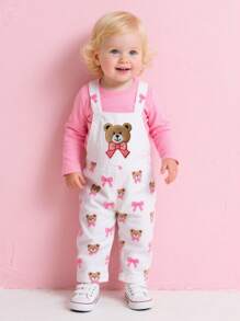 SHEIN 2pcs Young Girl Outfit Set - Cute Bear Embroidered Bib Pants, Long Sleeve T-Shirt, Bear & Bow Pattern Floral Set - Multicolor - View 1