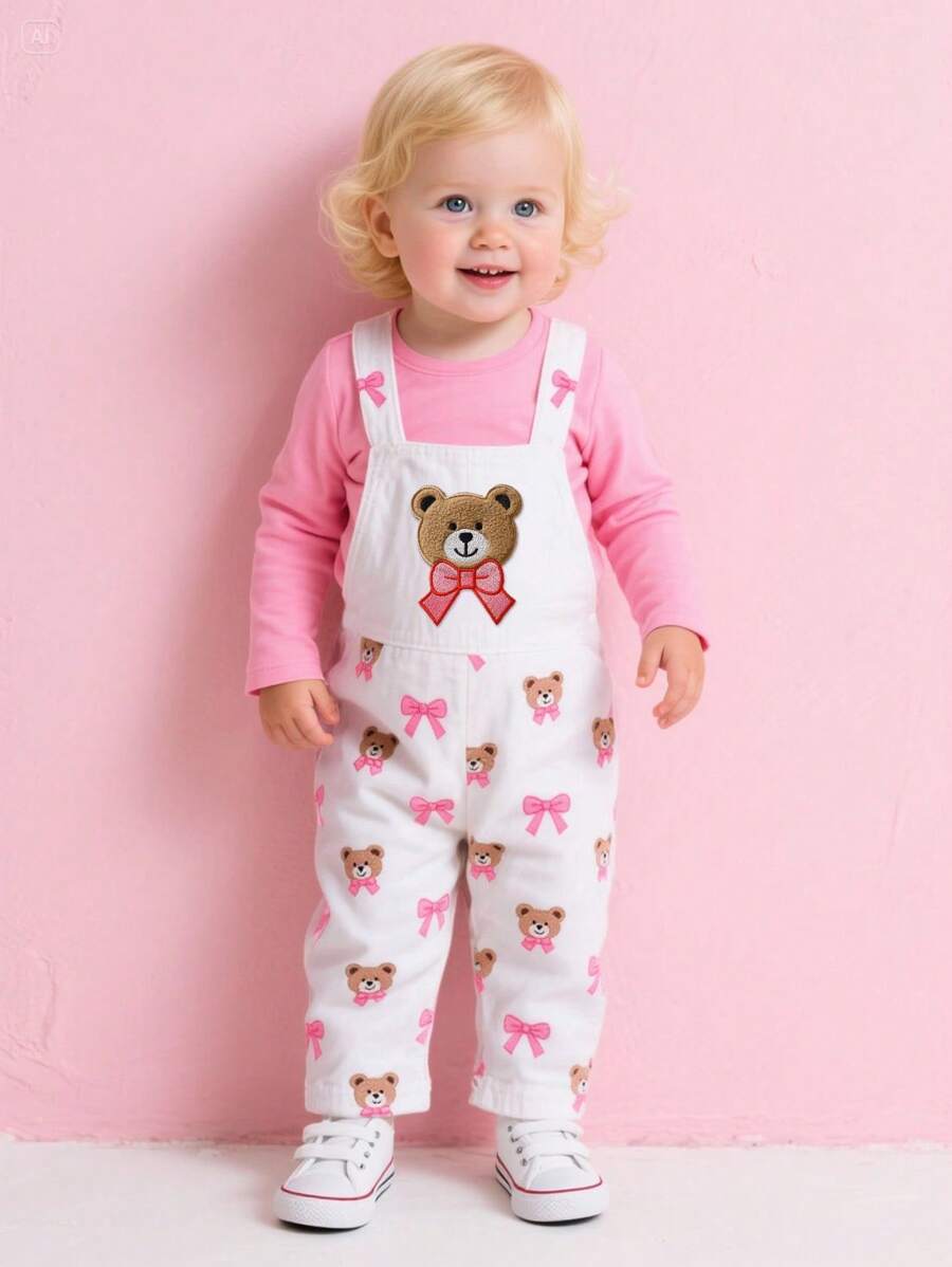 SHEIN 2pcs Young Girl Outfit Set - Cute Bear Embroidered Bib Pants, Long Sleeve T-Shirt, Bear & Bow Pattern Floral Set - Multicolor - View 1