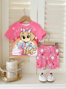 SHEIN Happikins Young Girl 2pcs/Set Casual Minimalist Short Sleeve & Shorts, Suitable For Summer Girls Cartoon Shirt Girls Summer Outfit Young Girl Summer Clothes - Multicolor - View 2