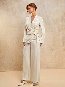 COSMINA Women's Elegant Cream Satin Ruched Waist Tie Blouse And Wide Leg Pant Blazer Suit Set, Old Money, Relaxed Vacation Daily Style; Teacher Outfits; Going Out Outfits - White - View 6