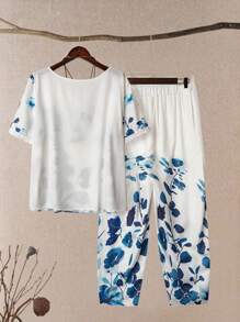 EMERY ROSE Conjunto de 2 piezas para mujer talla grande con top estampado floral vintage y pantalones de pierna ancha con cintura elástica, ropa casual de estar en casa & atuendo para vacaciones - Multicolor - Ver 2