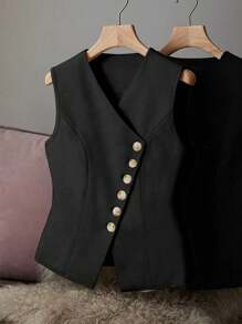 Franclia 女士V领纽扣优雅时尚薄款西装外套 - 黑色 - 查看 1