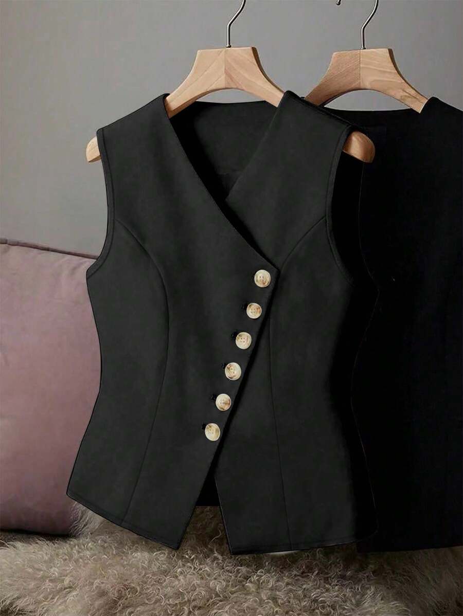 Franclia 女士V领纽扣优雅时尚薄款西装外套 - 黑色 - 查看 1