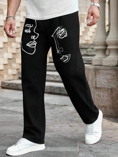 Manfinity Homme Men's Casual Face Print Straight-Leg Denim Jeans