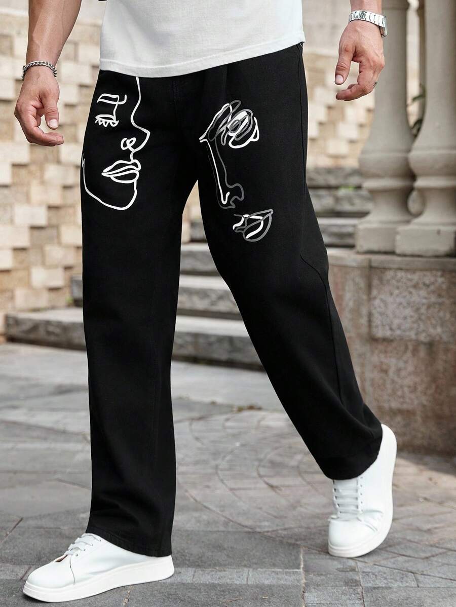 Manfinity Homme Men's Casual Face Print Straight-Leg Denim Jeans - Black - View 1