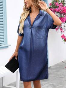 EMERY ROSE Women's Loose Lapel Collar Pocket Casual Short Sleeve Dress - Dark Wash - View 4