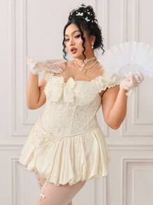 ROMWE ROMWE EDITION Abito in stile vintage reale kawaii con perline e tessuto in pizzo, senza schienale, con texture in raso e linea ad A, adatto come abito da sposa per taglie forti
