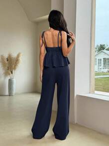 Comfortcana 夏季休闲梭织海军蓝亚麻吊带背心和裤子套装 - 藏蓝色 - 查看 2
