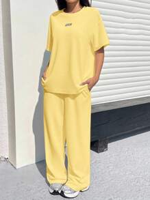 SHEIN EZwear 女士两件套休闲纹理宽松T恤和裤子套装