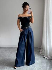 Elenzga Women Faux Pearl Studded High Waist Pleated Wide Leg Jeans - Dark Wash - View 4
