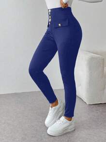 SHEIN Unity Women's Elastic High Waist Button Decor Skinny Pants Fall Cloth For Women - Blue Power - View 4