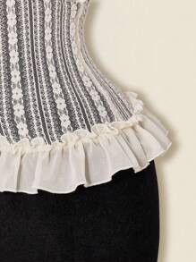 SHEIN ICON 女式透明蕾丝雪纺花卉拼接下摆 V 领纽扣短袖开衫，轻盈夏季 - 米色 - 查看 6