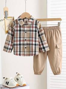 SHEIN Baby BoyGirls Casual Comfortable Plaid Long Sleeve Shirt And Ankle Tied Pants 2Pcs Set Fall Winter - Khaki - View 7