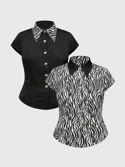 J-Fashion Blouse réversible grande taille style Harajuku Y2K imprimé léopard noir