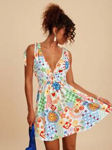 Travachic Gewebtes bedrucktes Minikleid mit V-Ausschnitt und ärmellos für Frauen, gewebter grafischer Muster, lässige Sommerurlaubs-Outfits für Frauen, Boho-Strandurlaubs-Outfits, Boho-Chic, Country-Konzert-Outfit, Urlaubsfestival-Outfits, Strandoutfits für Frauen, Old-Money-Stil für Frauen, Sommersonnenkleid, Sommerkleider für Frauen, Abschlussoutfit, Old-Money-Stil für Frauen, Sommersonnenkleid, Schleifenträger an den Schultern