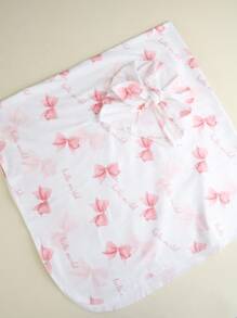 SHEIN 2 件套新生儿摄影襁褓包粉色蝴蝶结印花女婴拍照道具带蝴蝶结头巾帽新生儿毯子