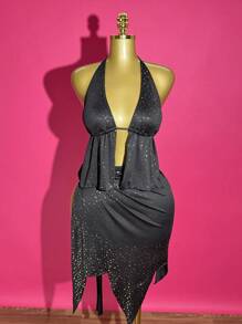 Slaydiva 2025春夏新款波西米亚音乐节休闲日常个性街头嘻哈派对性感甜美可爱千禧Y2K黑色无弹力露背镂空抽绳露背不对称波点亮片热转印背心搭配紧身迷你三角短裤泳衣套装 - 黑色 - 查看 9