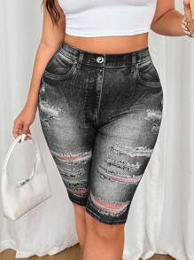 SHEIN MOOSTA Quần short Bermuda in họa tiết denim mùa xuân/hè cỡ lớn, quần legging thể thao dễ thương thường ngày - màu đen - Xem 4
