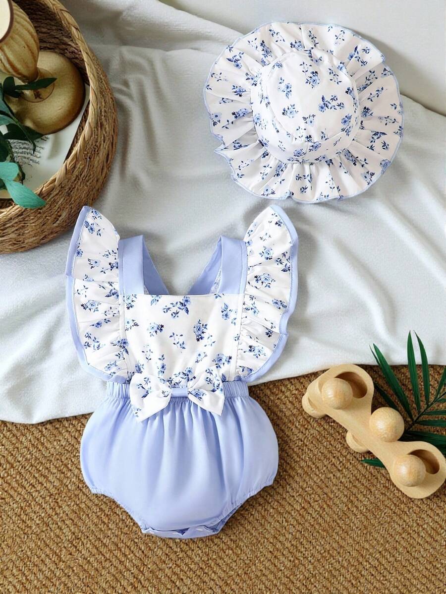 SHEIN Vintaside Kids Baby Girl Floral Print Ruffle Trim Bow Front Bodysuit & Hat - Blue and White - View 1