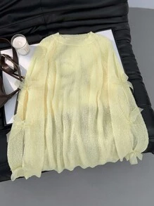 SHEIN Privé 大码休闲圆领插肩袖蝴蝶结装饰毛衣女秋冬装 - 黃色 - 查看 1