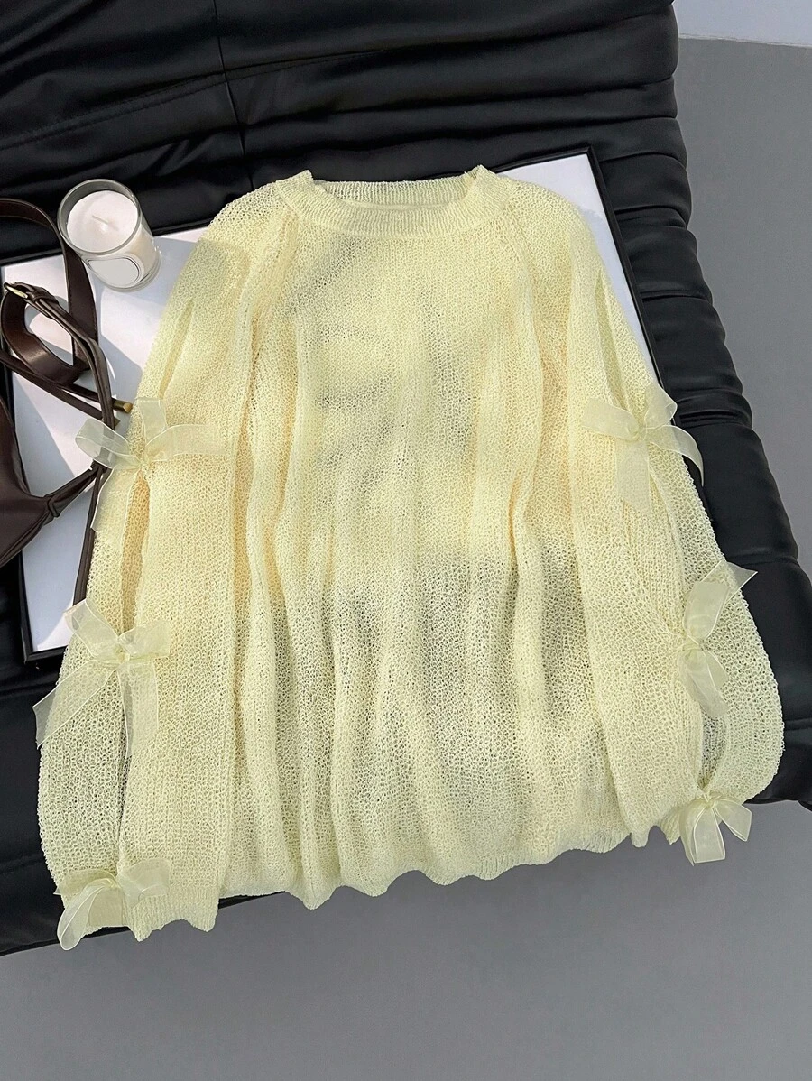 SHEIN Privé 大码休闲圆领插肩袖蝴蝶结装饰毛衣女秋冬装 - 黃色 - 查看 1