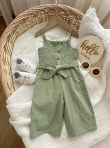 SHEIN Mono De Estampado Floral Para Bebé Niña Con Botones Frontales, Cinturón Y Tirantes Ajustables