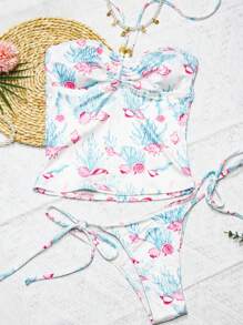 SHEIN Swim 2 chiếc/bộ 2025 Đồ bơi liền thân họa tiết đại dương nhiều màu sắc mới, dây mảnh xếp nếp và quần tam giác, bộ bikini ngày lễ thường ngày cho nữ - Nhiều màu - Xem 4