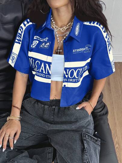 Coolane Women's Olive Green Vintage Racing Style Short Shirt Streetwear