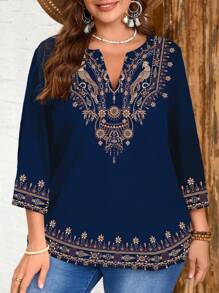 EMERY ROSE Top informal de talla grande con bordado floral falso en azul para vacaciones - Multicolor - Ver 3