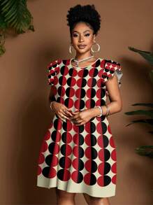 Maweii 大码女式圆领红黑拼色大圆点数码印花盖袖连衣裙/太阳裙，休闲时尚风格 - 彩色 - 查看 4