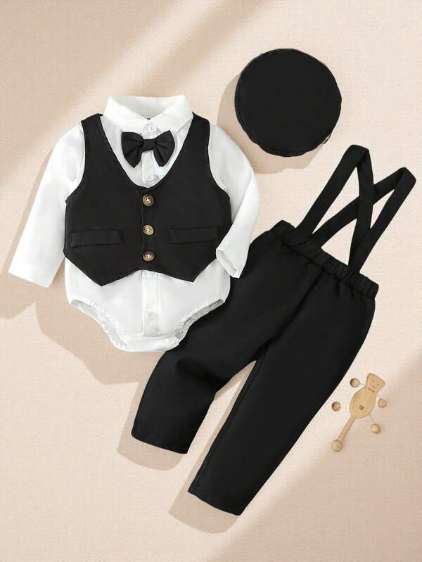 Souflis Souflis Multiple Pieces Baby Boy's Gentleman Style Buttoned Shirt With Bowtie, Suspender & Long Pants Four Piece Suit (Lightweight), Fall And Winter