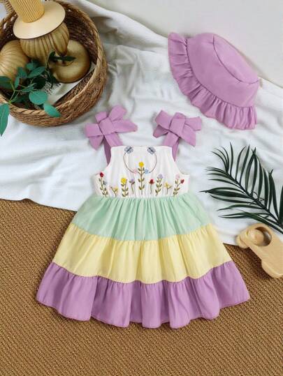 SHEIN Vintaside Kids 新款夏季女寶寶刺繡拼色蛋糕裙連肩帶+帽子套裝