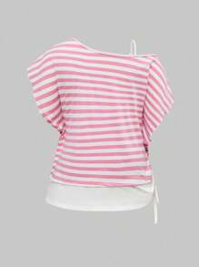 ROMWE Grunge Punk 深色垃圾朋克不对称肩部二合一宽松复古条纹大码T恤