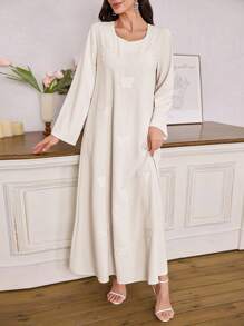 SHEIN Najma 女士宽松优雅休闲蝴蝶刺绣长袖阿拉伯连衣裙 - 白色 - 查看 6