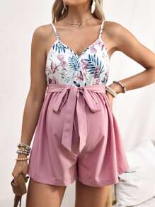 SHEIN Comfortable Tropical Print Waist Jumpsuit Romper Set - Dusty Pink - View 6