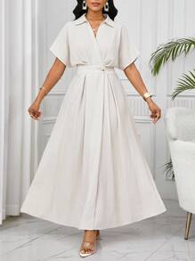 SHEIN Lady Women's Short Sleeve Casual Dress For Vacation Summer Dresses White Maxi Dress Women Elegant White Dress White Pleated Maxi Dress White Collared Maxi Dress Vacation Outfits Women Boho/Bohemia/Boho Women Clothing African Woman Clothing Country Outfits Women Teacher Outfits For Women Business Casual