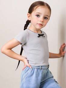 SHEIN 年轻女孩休闲百搭舒适圆领蝴蝶结装饰短袖纯色针织T恤 - 淺灰色 - 查看 9