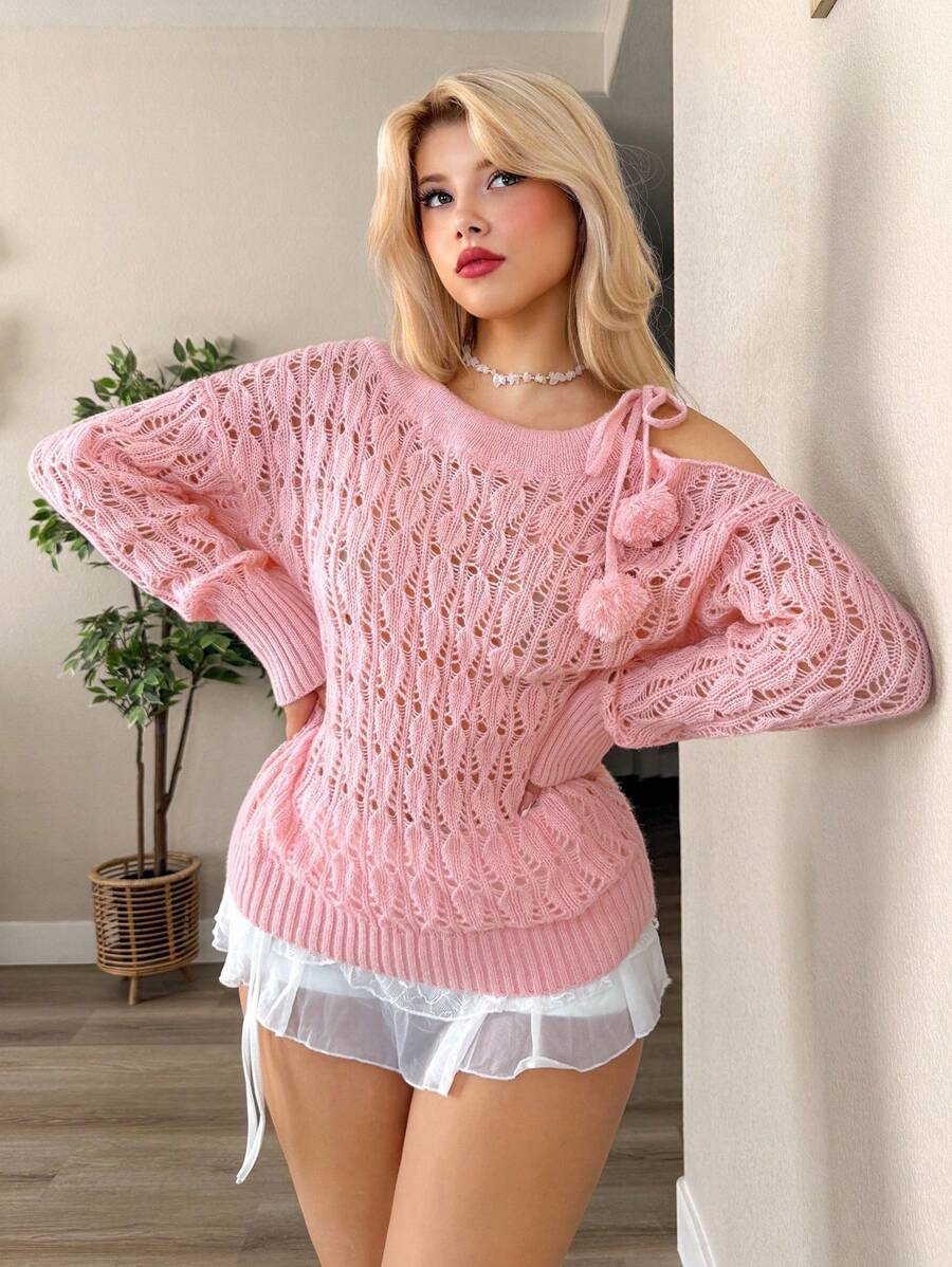 Sweetina Women Elegant Off-Shoulder Tie-Up Knit Sweater Top, Loose Fit, Pink In Fall/Winter