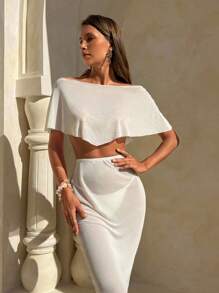 Swim Chiccia Women Off Shoulder Asymmetric Hem Elegant Short Sleeve Top To Pair With See-Through Skirt For Summer Beach Vacation - Apricot - View 7