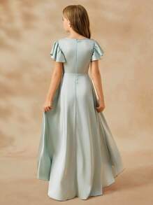 SHEIN Girls Big Tween Girl Bridesmaid V-Neck Short Sleeve Ruffle Hem High-Low Formal Dress, Fit For Weddings, Parties, Birthdays, Performances Fall Winter