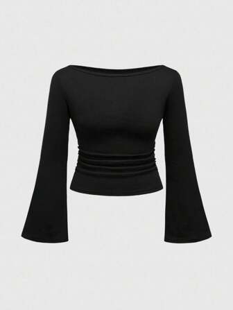 Goth Camiseta básica de corte ajustado, de unicolor, con cuello en V y mangas campana, talla grande y sexy