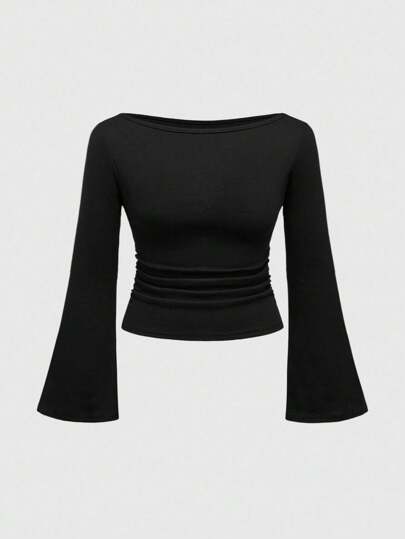 Goth Plus Size Sexy V-Neck Bell Sleeve Solid Color Tight Fit Basic T-Shirt