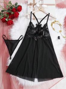 Spicy Aura 2 Peças Conjunto de Camisola Sexy Feminina com Renda e Tela Contrastante + Tanga Fio Dental - Preto - Visão 6