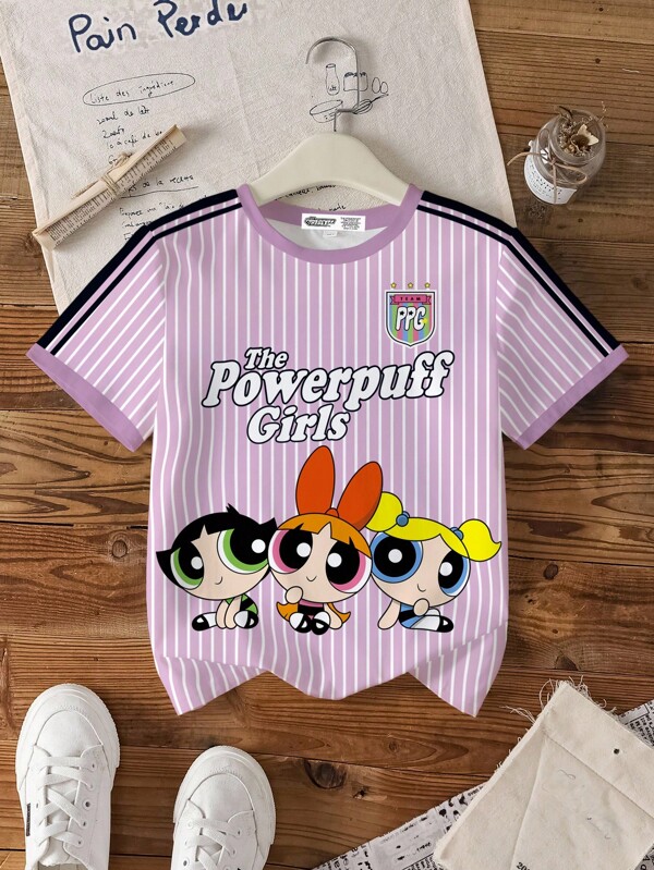 THE POWERPUFF GIRLS X SHEIN Tween Girl Striped & Blossom, Bubbles, Buttercup Pattern Round Neck Short Sleeve T-Shirt